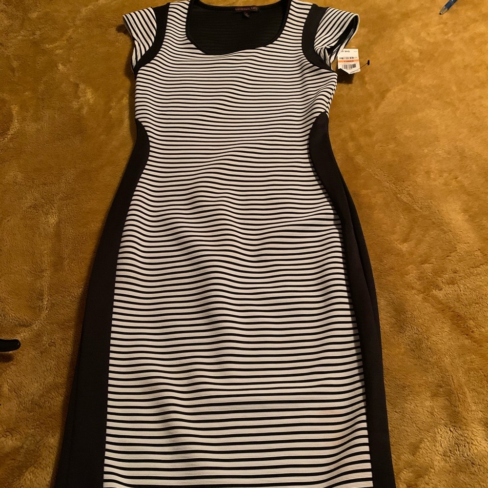 Material Girl fitted, striped dress. Sz small.